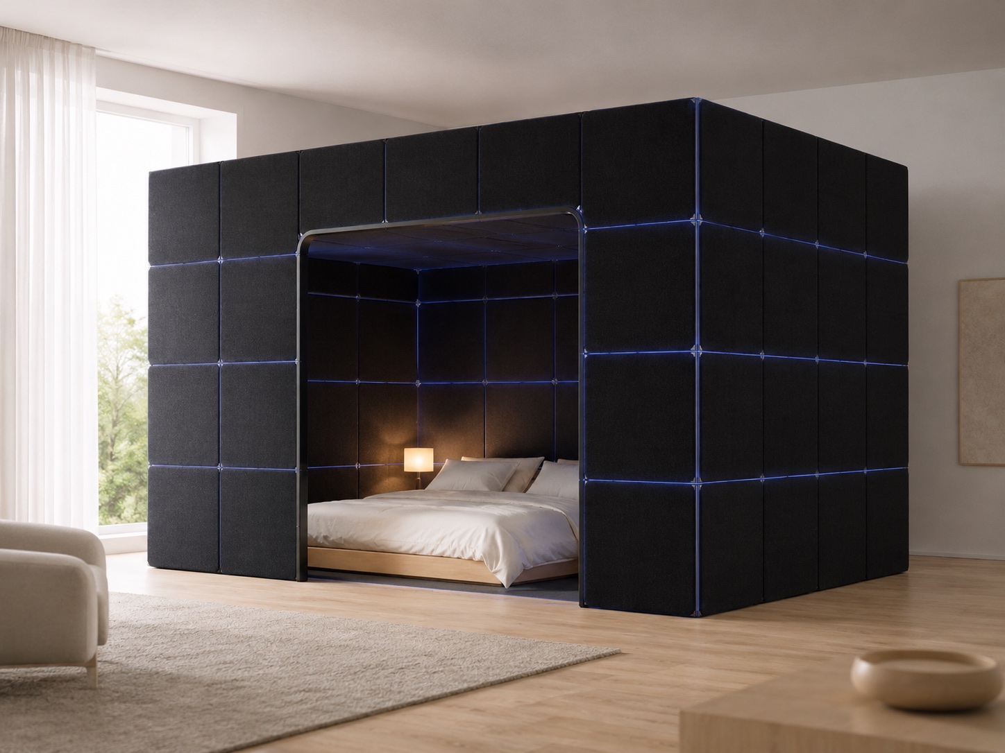 Matte-black Cognition panels forming a full tent cocoon enclosing an entire bed.