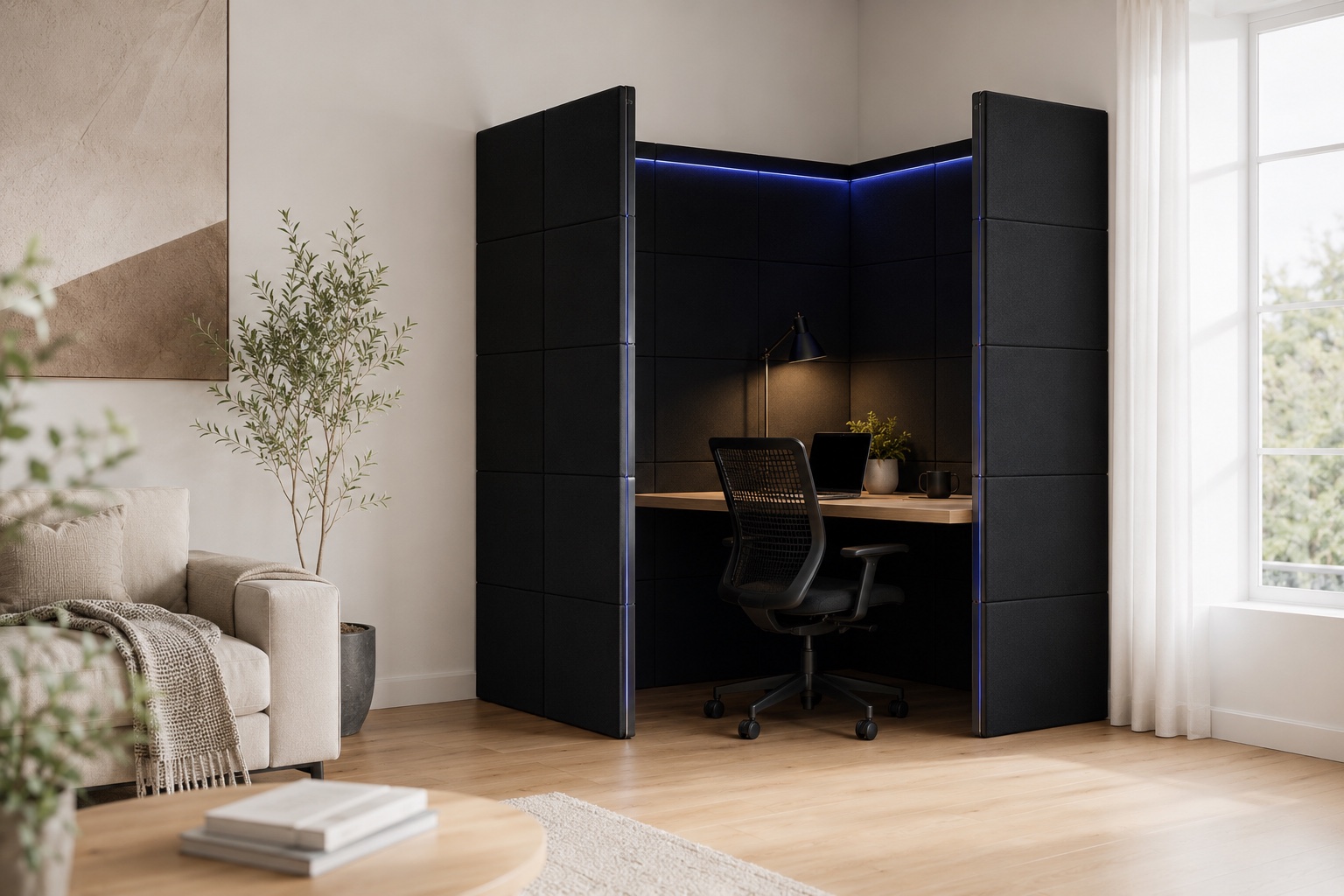 Matte-black Cognition panels assembled into a full tent enclosing an office desk, with a person working inside.