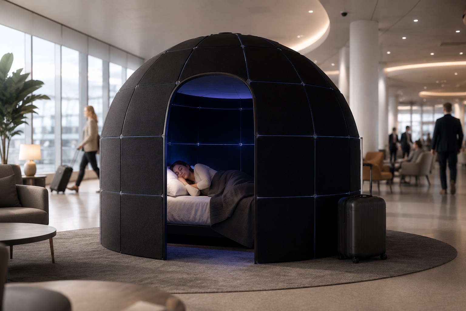 A Cognition nap dome in an airport lounge, a traveller resting inside with a suitcase beside it.